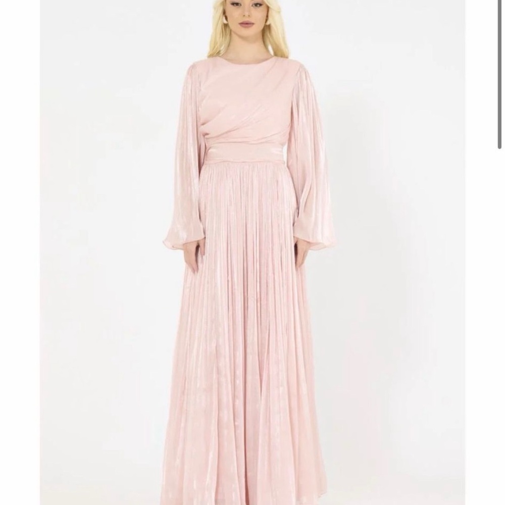 Blush Pink Pleated Long Sleeve Maxi Dress